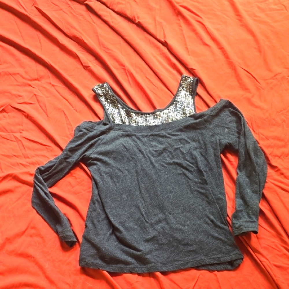 Women's Off-Shoulder Gray Top with Silver Accents
